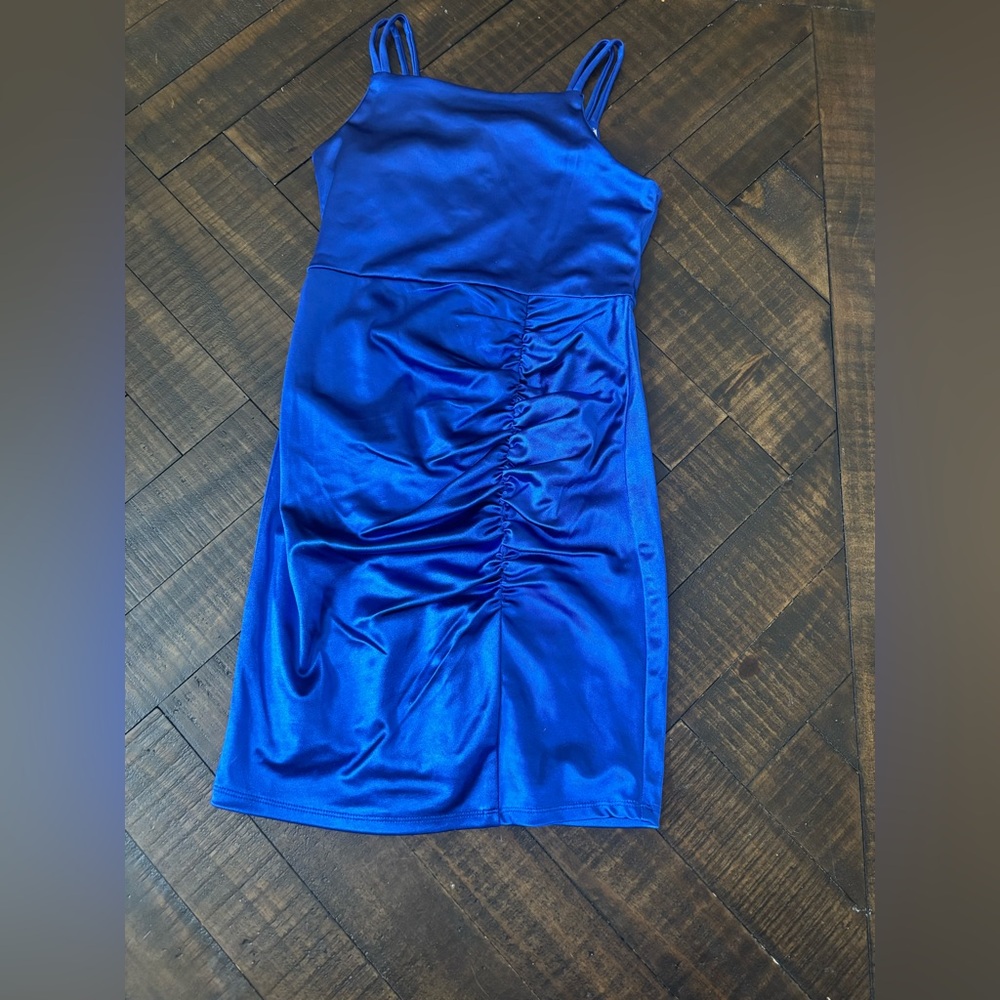 Elegant Blue Ruched Dress, pageant interview